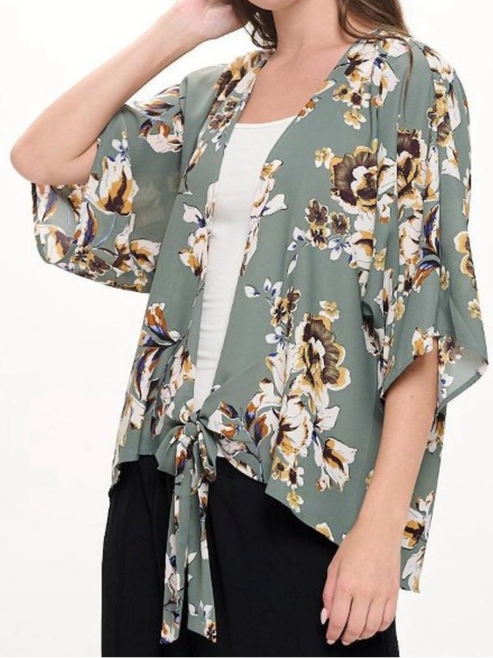 West Kei Kimono Womens Oversized Medium Sage Green Floral Sheer Tie Front EUC